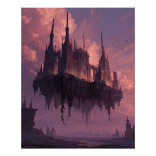 Póster Castelo Gótico Flutuante no Crepúsculo Rosa