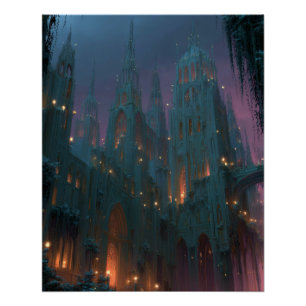 Póster Castelo Gótico sob Arte Noturna de Fantasia Aurora