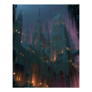 Póster Castelo Gótico sob Arte Noturna de Fantasia Aurora