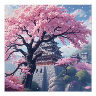 Póster Castelo Japonês na Primavera de Flor de Cerejeira