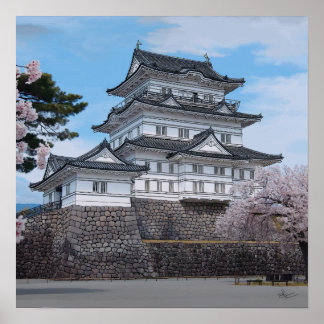 Poster Castelo Japonês, Odawara, ilustração de sakura