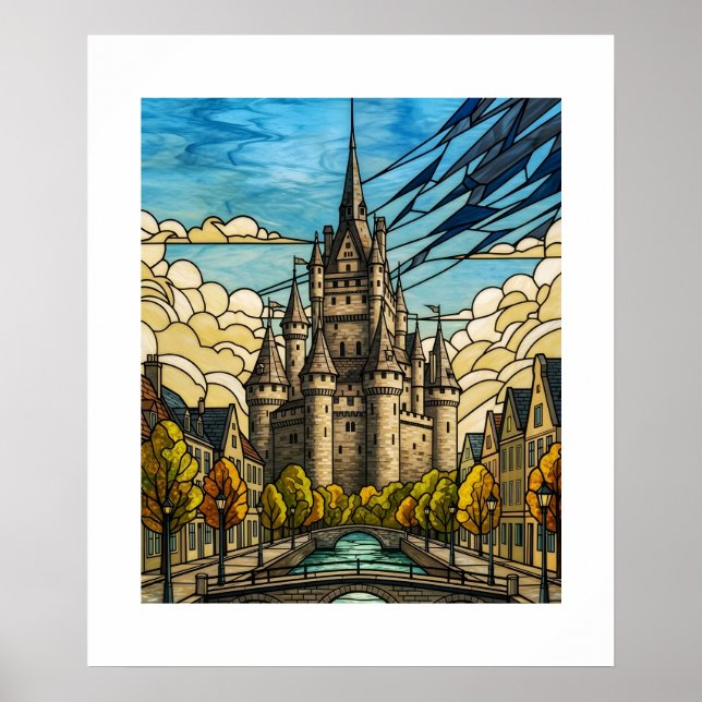Poster Castelo Medieval Encantado Ilustração de Canal em  (Frente)