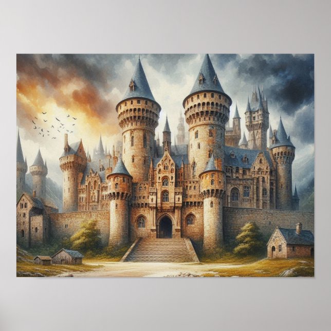 Poster Castelo Medieval no Sunset com Céu Atmosférico (Frente)