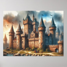 Poster Castelo medieval por um rio Tranquilo em Sunset