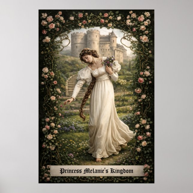 Poster Castelo Medieval & Princesa Colhendo Flores (Frente)
