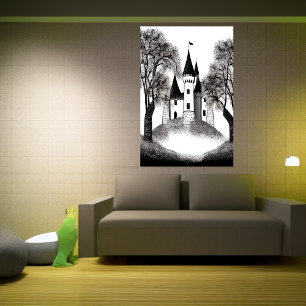 Poster Castelo na colina, preto e branco Arte AI