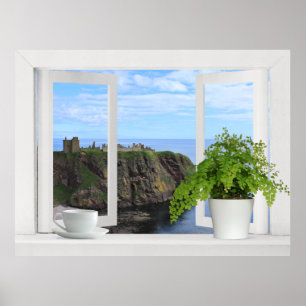 Póster Castelo na Escócia -- Vista de janela aberta da co