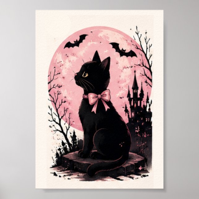 Poster Castelo Rosa Lua Cheia Gato Preto (Frente)