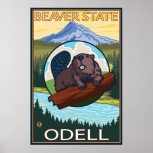 Poster Castor & capa do Mt. - Odell, Oregon