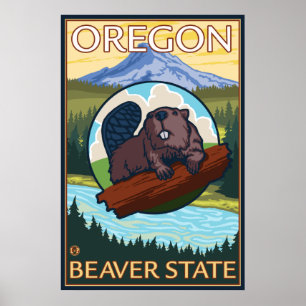 Poster Castor e cena do Monte Hood - Oregon