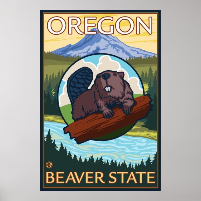 Poster Castor e cena do Monte Hood - Oregon (Frente)