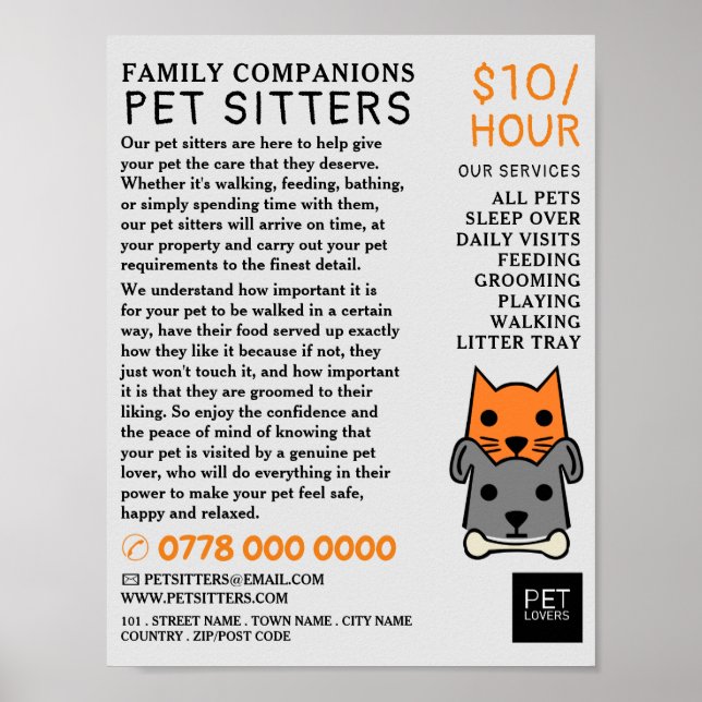 Poster Cat and Dog, Pet Sitting Service Publicidade (Frente)