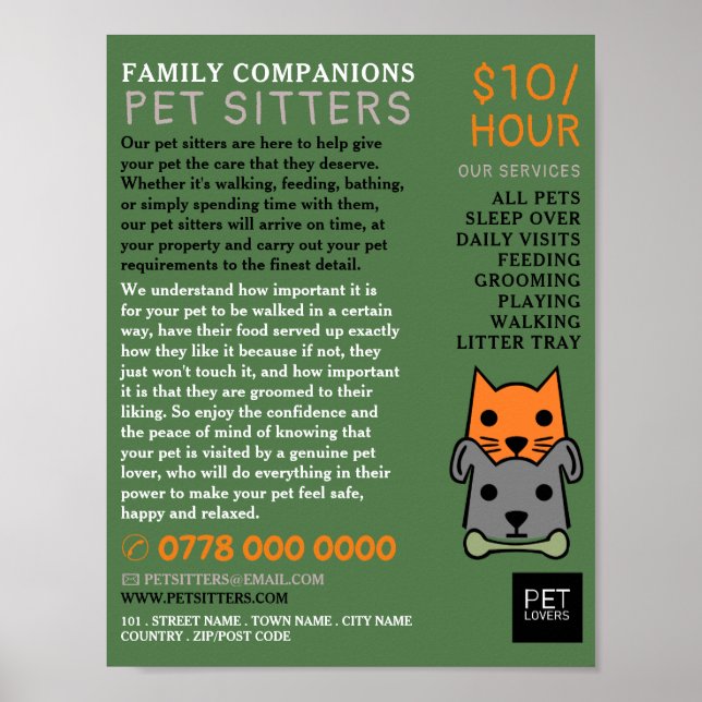 Poster Cat and Dog, Pet Sitting Service Publicidade (Frente)
