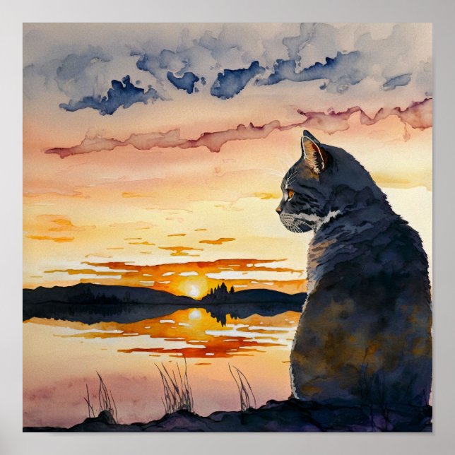 Poster Cat Assistindo A Cores De Água Sunset (Frente)