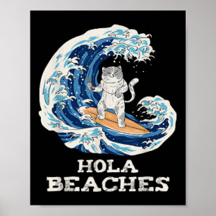 Poster Cat Beaches Engraçado Hola Cat Japonês Surfing