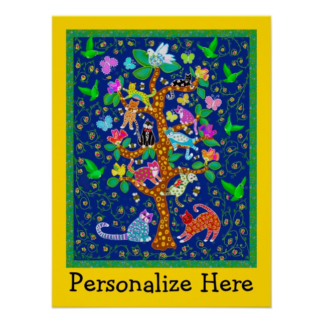 Póster Cat Bird Tree of Life Divertida Personalizada (Frente)