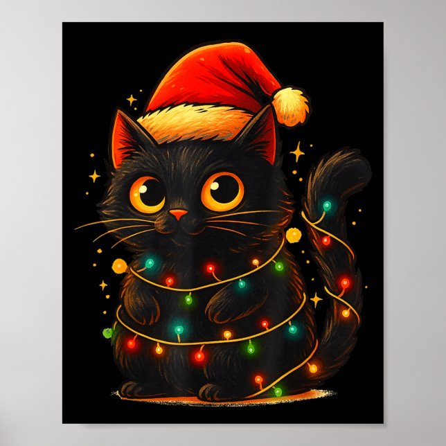 Poster Cat Black Christmas Tree Lights Funny Santa Kitten (Frente)