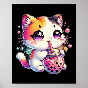 Poster Cat Boba Tea Anime Japonês Kawaii Neko Bubble Tea