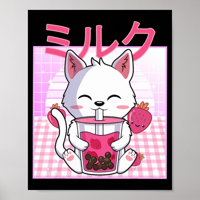 Poster Cat Boba Tea Bubble Tea Anime Kawaii Neko Gift Kid (Frente)