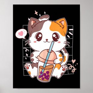 Poster Cat Boba Tea Bubble Tea Kawaii Anime Japonês Neko