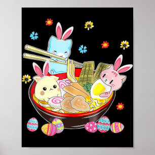 Poster Cat Bunny Ears Ramen Kawaii Páscoa Dia Animado