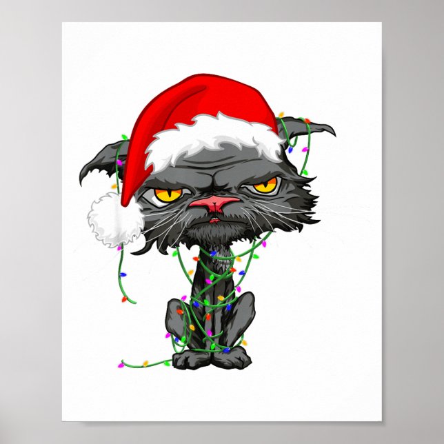 Poster Cat Christmas Lights Bored Cat Santa Hat Funny Cat (Frente)