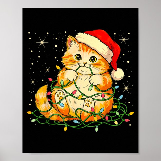 Poster Cat Christmas Lights Santa Hat Xmas Cats Lover Pet (Frente)