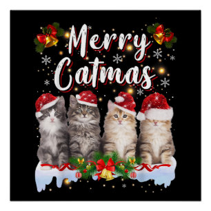 Póster Cat Christmas Santa Hat Engraçado Feliz Catmas