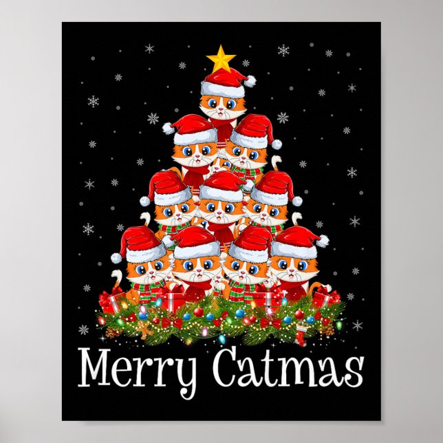 Poster Cat Christmas Tree Lights Santa Funny Cat Lover Me (Frente)