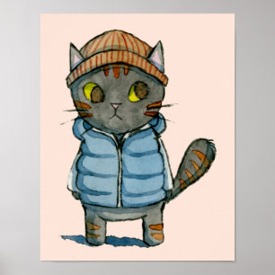 Póster Cat com Beanie e Down Vest Watercolor