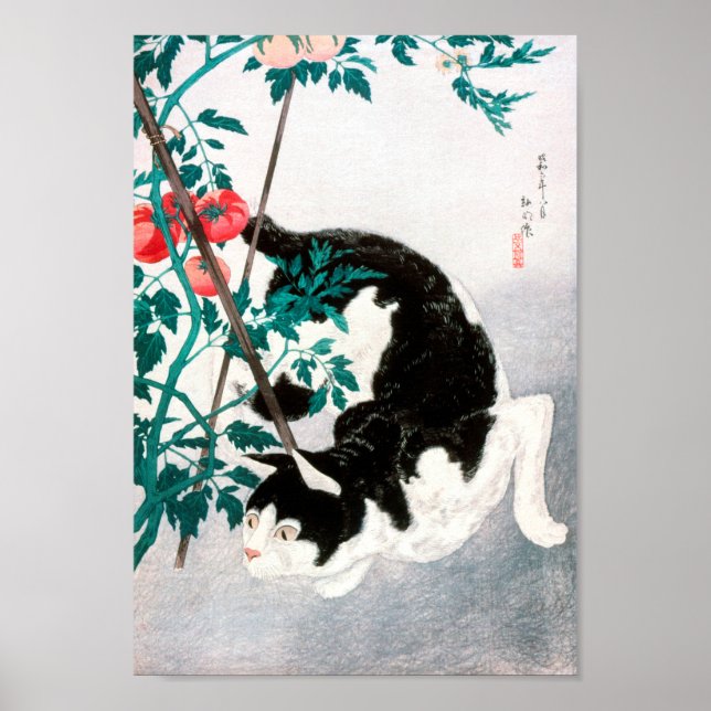 Poster Cat com Tomato Plant (1931) por Hiroaki Takahashi (Frente)