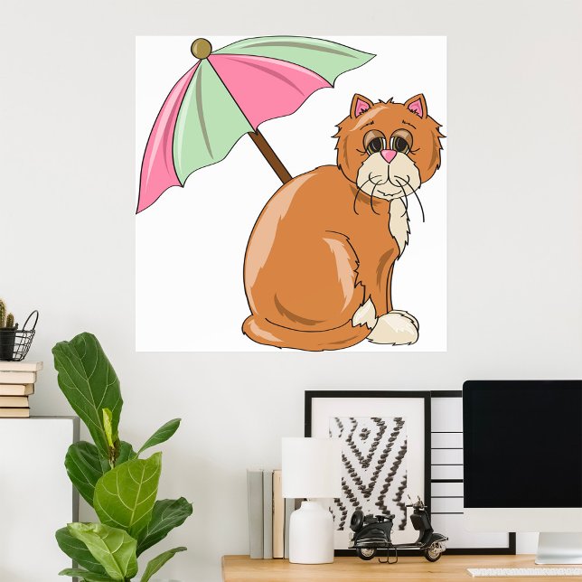 Poster Cat de praia com guarda-chuva rosa e verde (Criador carregado)