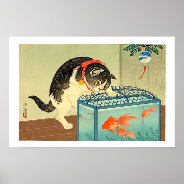 Poster Cat e Bowl de Goldfish Shoson Ohara 1930 (Frente)