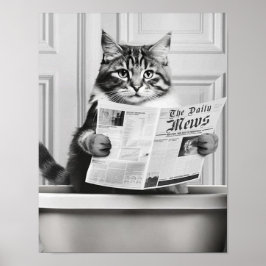 Poster Cat está sentado no Toilet, gato lendo uma notícia