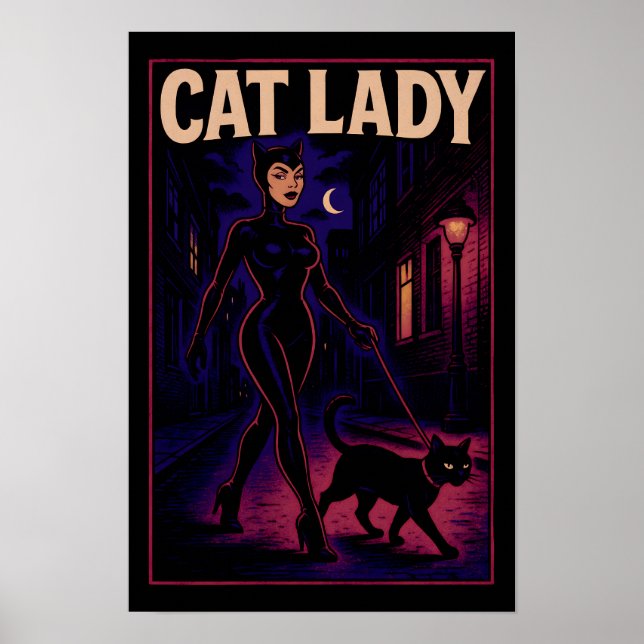 Poster Cat Lady -Cats Art Lover- City Night Comic Graphic (Frente)