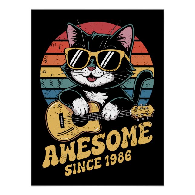 Póster Cat Lover 1986 Birthday Retro Ukulele 40th Bday  (Frente)