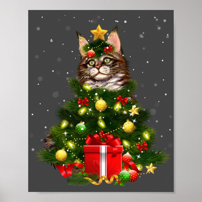 Poster Cat Maine Coon Cat Xmas Tree Lights Cat Lover Ugly (Frente)