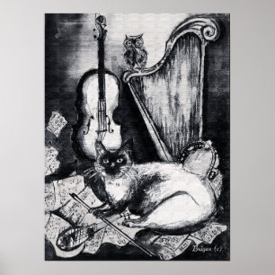 Póster CAT MUSICAL,OWL,VIOLIN,HARP Black White Cinza Musi