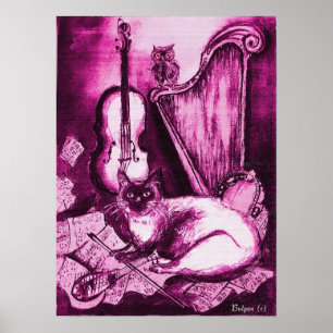 Póster CAT MUSICAL, Violeta PInk e Branco