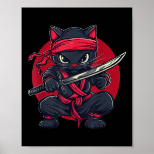 Poster Cat Ninja Samurai Japão Bandeira japonesa Kawaii E