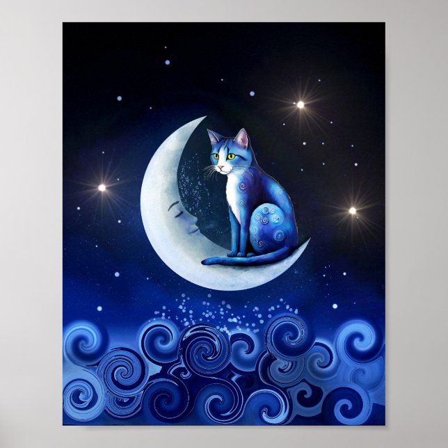 Poster Cat on Crescent Moon Blue Cat 773 (Frente)
