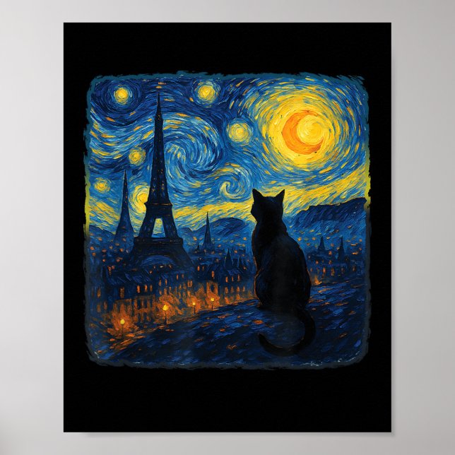 Poster Cat Paris Eiffel Tower Starry Night Van Gogh Inspi (Frente)
