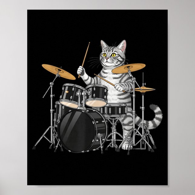 Poster Cat Playing Drums Drumset Drumkit Drumming Drum Dr (Frente)