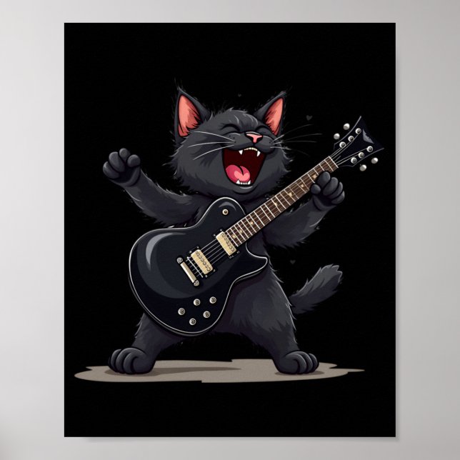 Poster Cat Playing Guitar Rock And Roll Rock Star Funny  (Frente)