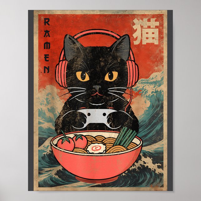 Poster Cat Ramen Japanese Funny Graphic Kawaii Anime  (Frente)