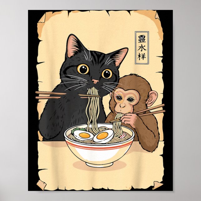 Poster Cat Ramen Monkey Shirt Funny Cat Monkey Eating Ram (Frente)