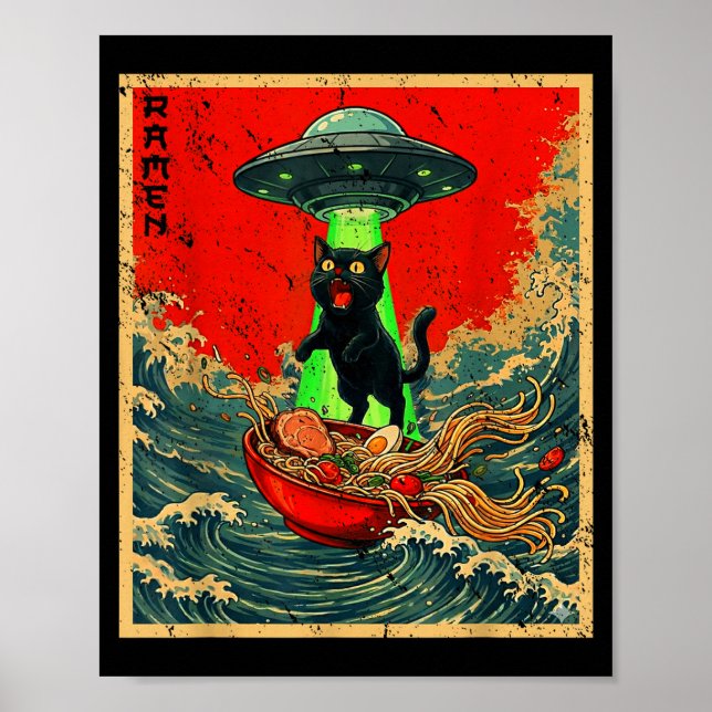 Poster Cat Ramen Ufo Japanese Anime Graphic Tees Men Wome (Frente)