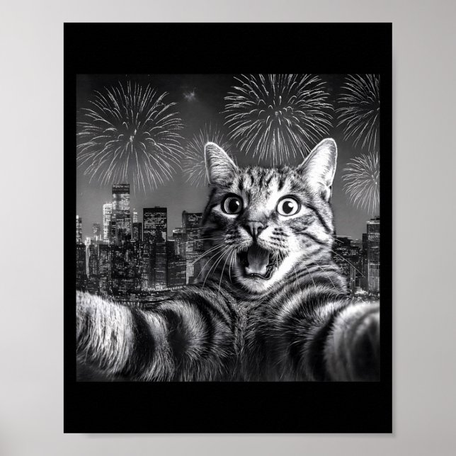 Poster Cat Selfie With Firework In The City Funny Happy N (Frente)