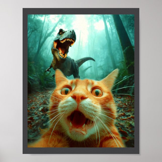 Poster Cat Selfie With T-rex Dinosaur Trex Dino Men Women (Frente)