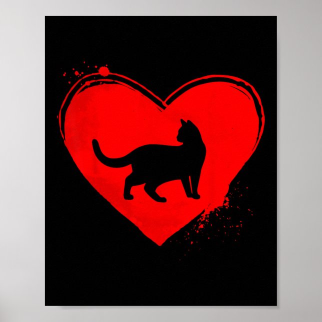 Poster Cat Silhouette Heart Shape Valentine Cat Lovers  (Frente)